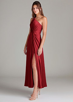 Azazie Brooke Robes de demoiselle d'honneur Robe Trapèze en Satin extensible Une épaule Écarlate image5