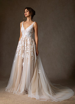 Azazie Sorella Wedding Dresses Diamond White Sand A-Line V-Neck Sequins Tulle Dress image5