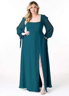 Azazie Leonia Robes de demoiselle d'honneur Robe Trapèze en Mousseline de soie Manche longue Bleu Encre image11