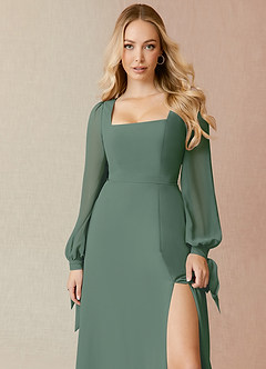 Azazie Leonia Bridesmaid Dresses Eucalyptus A-Line Long Sleeve Chiffon Dress image5