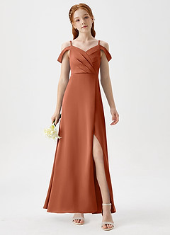 Azazie Ocean Junior Cedar Rose A-Line Off the Shoulder Stretch Satin Dress image4