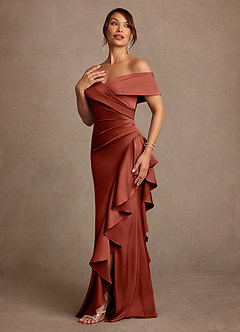 Azazie Kirsty Mère de la mariée Robes Robe Fourreau en Satin extensible Épaule décolletée Terracotta image3
