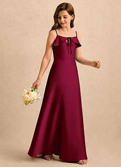 Azazie Kapri Girls Formal Robe Demoiselle D'honneur Fillette Robe Trapèze en Satin extensible Rayé Bourgogne image3
