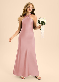 Azazie Doretta Junior Powder Pink A-Line Pleated Stretch Satin Dress image5