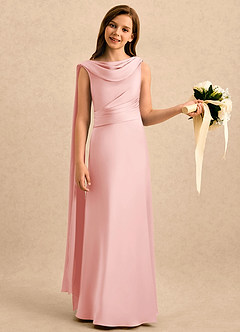 Azazie Sanah Girls Formal Robe Demoiselle D'honneur Fillette Robe Trapèze en Satin extensible Plissée Rose Poudré image3