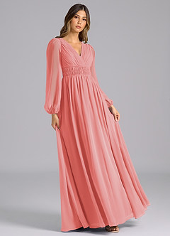 Azazie Palerma Jurken voor bruidsmeisjes Jurk van Chiffon met A-Lijn Lange mouw Koraal image4