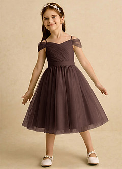Azazie Lila Girls Formal Robe Demoiselle D'honneur Fillette Robe Trapèze en Tulle Épaule décolletée Ganache image3