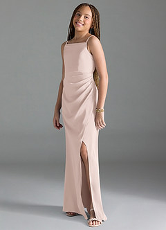 Azazie Leonis Junior Vestido Rosa Corado de Cetim elástico de Linha A com Plissado image4