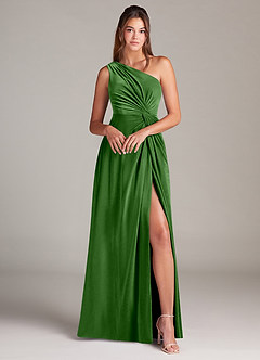 Azazie Brooke Brautjungfernkleider A-Linie One-Shoulder Samt Kleid Efeu image4