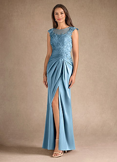 Azazie Santa Barbara Abiti per la Madre della Sposa Abito Tubino in Raso Elasticizzato Plissettato Blu Acciaio image2