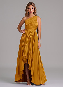 Azazie Lyrica Bridesmaid Dresses Butterscotch A-Line One Shoulder Stretch Satin Dress image1