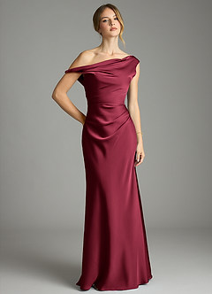 Azazie Emerson Bridesmaid Dresses Burgundy Mermaid Off the Shoulder Stretch Satin Dress image1