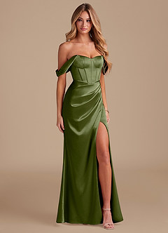 Azazie Asha Bridesmaid Dresses Olive Sheath Off the Shoulder Metallic Satin Dress image4