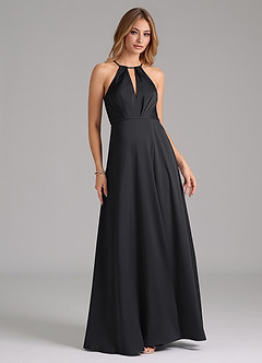 Azazie Evalleen Vestidos de damas de honor Vestido de Negro de Satén Elástico de Corte en A con Plisado image3