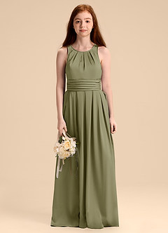 Azazie Bibiane Junior Vestido de Pistacho de Satén Elástico de Corte en A con Plisado image6