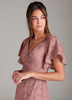 Azazie Ambrosia Vestidos de damas de honor Vestido de Rosa Polvorienta de Devorado Floral de Corte en A con Plisado image6