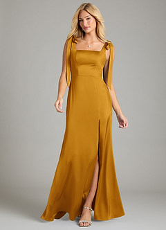 Azazie Frostine Bridesmaid Dresses Butterscotch A-Line Bow Stretch Satin Dress image4