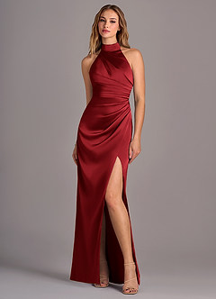 Azazie Jemma Robes de demoiselle d'honneur Robe Fourreau en Satin extensible Plissée Écarlate image1