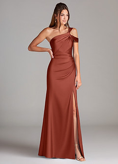Azazie Wynter Bridesmaid Dresses Terracotta Sheath Off the Shoulder Stretch Satin Dress image4
