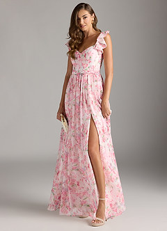 Azazie Nalin Bridesmaid Dresses Abstract Watercolor Floral A-Line Ruched Chiffon Dress image4