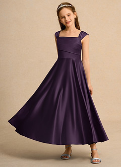 Azazie Bundle Girls Formal Flower Girl Dresses Plum A-Line Pleated Matte Satin Dress image6