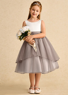 Azazie Rene vestidos de niña de las flores Vestido de Marfil Taupe de Tul de Corte En A con Lazo image3