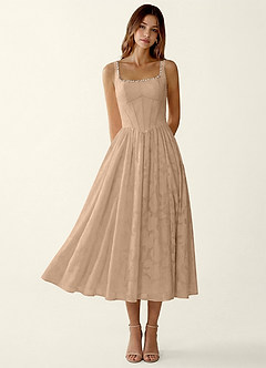 Ottavia Champagne Jacquard Midi A-line Graduation Dress | Azazie