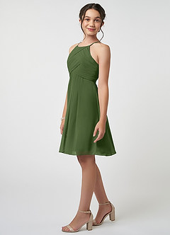 Azazie Ginny Junior Olive A-Line Pleated Chiffon Dress image3