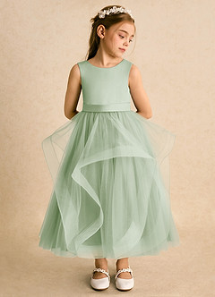 Azazie Vana Blumenmädchenkleider Ballkleid Schleifen Tüll Kleid Staubiger Salbeigrün image3