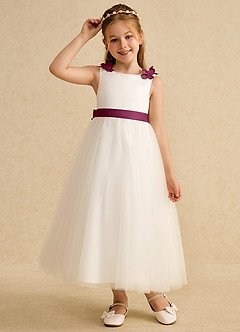 Azazie Lilli Flower Girl Dresses Ivory Mulberry A-Line Bow Tulle Dress image5