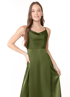 Azazie Naomie Bridesmaid Dresses Olive A-Line Cowl Neckline Side Slit Stretch Satin Dress image5
