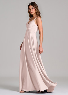 Azazie Amani 신부 들러리 드레스 A라인 주름진 스트레치 새틴 바닥 길이 드레스 image3