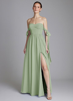 Azazie Ayanna At-home Try On Dresses Dusty Sage A-Line Off the Shoulder Chiffon Dress image6