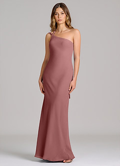 Azazie Monroe Robes de demoiselle d'honneur Robe Fourreau en Mousseline de soie Une épaule Rose Du Désert image1