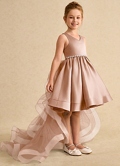 Azazie Julietta Flower Girl Dresses Champagne Rose Ball-Gown Convertible Tulle Dress image3