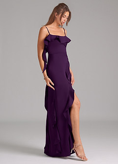 Azazie Malia Bridesmaid Dresses Grape A-Line Side Slit Stretch Satin Dress image5