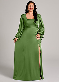 Azazie Leonia Bridesmaid Dresses Basil A-Line Long Sleeve Stretch Satin Dress image11