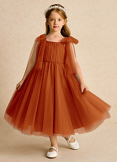 Azazie Dori Robe Demoiselle D'honneur Fillette Robe Trapèze en Tulle Rayé Paprika image2
