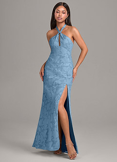 Azazie Ailany Vestidos de damas de honor Vestido de Azul Acero de Devorado Floral de Corte en A con Plisado image1