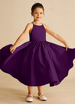 Azazie Sunray Flower Girl Dresses Grape A-Line Spaghetti Strap Matte Satin Dress image2