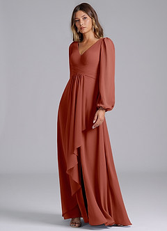 Azazie Liah Bridesmaid Dresses Auburn A-Line Long Sleeve Chiffon Dress image4