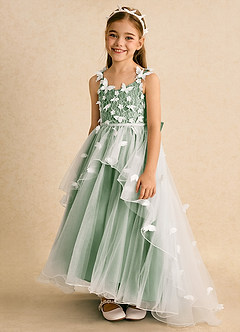 Azazie Darlina Robe Demoiselle D'honneur Fillette Robe Princesse en Tulle Dentelle Ivoire Matcha image6
