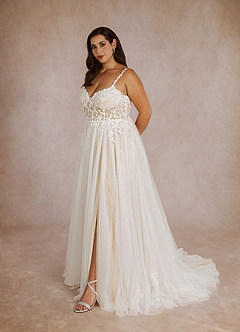 Azazie Florian Wedding Dresses Diamond White Champagne A-Line V-Neck Sequins Tulle Dress image10