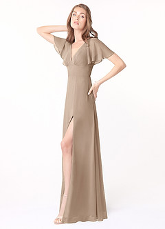 Azazie Kimber Bridesmaid Dresses Taupe A-Line Flounce Sleeve Chiffon Dress image3