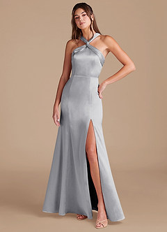 Azazie Rue Bridesmaid Dresses Silver Sheath Pleated Metallic Satin Dress image3