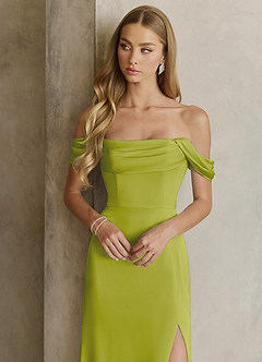 Azazie Saige Bridesmaid Dresses Lemongrass Sheath Off the Shoulder Stretch Satin Dress image2