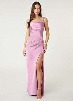 Azazie Desi Robes de demoiselle d'honneur Robe Fourreau en Satin extensible Corset dos nu Rose Bonbon image1