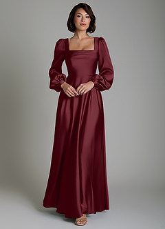 Azazie Solana Bridesmaid Dresses Cabernet A-Line Long Sleeve Stretch Satin Dress image1