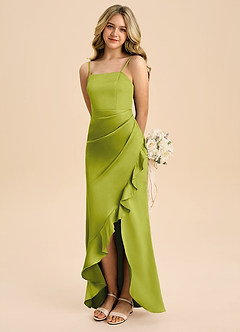 Azazie Buzzy Junior Lemongrass Sheath Pleated Stretch Satin Dress image1