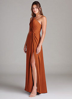 Azazie Brooke Bridesmaid Dresses Cinnamon A-Line One Shoulder Stretch Satin Dress image5